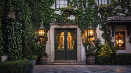 Fototapeta premium Elegant suburban farmhouse with ivy-covered walls and antique lanterns lighting the entrance