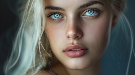 Fototapeta premium an age 20 blonde girl with heavy mascara, beautiful face and shoulders, minimal dark background