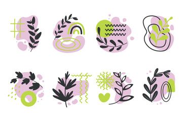 Set of boho prints in flat cartoon design. A wonderful set of illustrations with various shapes and lines, designed in an modern style and bright colors. Vector illustration.