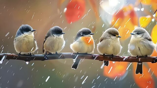 natural panoramic photo with little funny birds and Chicks sitting on a branch in summer garden in the rain