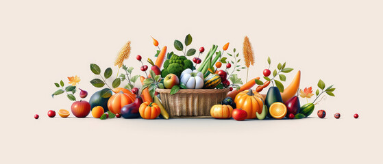 Naklejka premium Flat design harvest bounty with fruit and vegetable baskets.