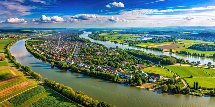 Aerial view of Rheinsheim, Germany with the Rhine River and surrounding countryside, aerial, view