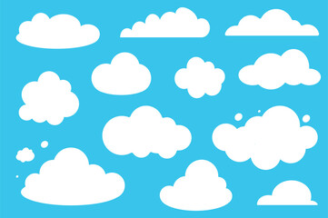 Set of clouds in flat cartoon design. This illustration shows a collection of white fluffy clouds of various sizes and shapes on a beautiful blue background. Vector illustration.