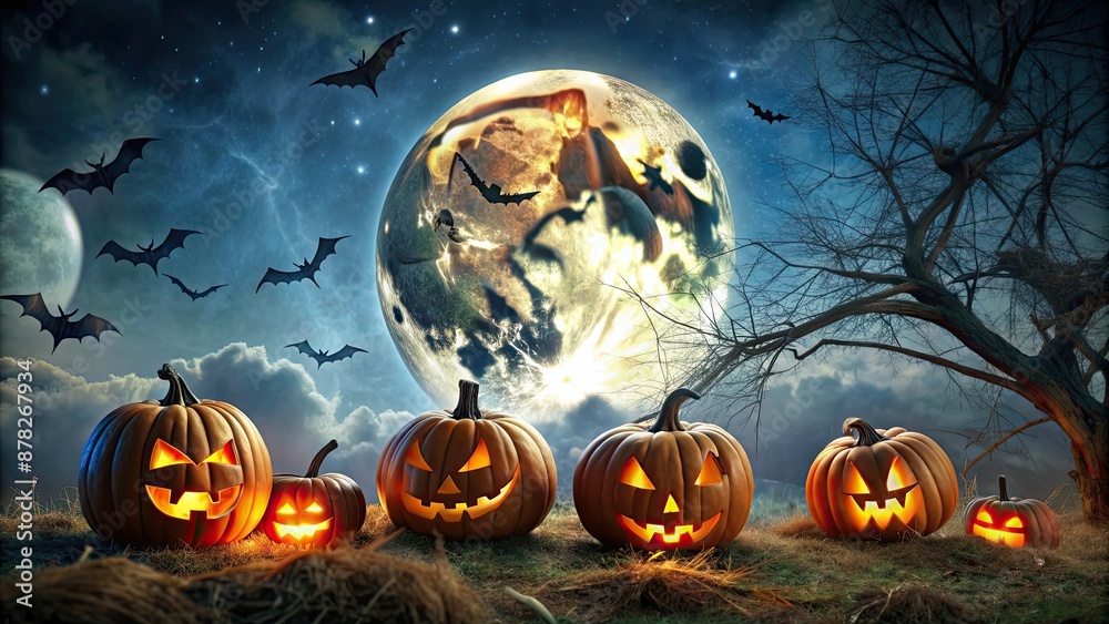 Wall mural Spooky Halloween scene with pumpkins, bats, spiders, and a full moon in the night sky, Pumpkin, night, bat, spiders, moon