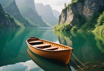 Obraz premium A humble, wooden vessel gently drifting on a tranquil, reflecting lake, with towering, craggy cliffs adorned in a verdant, flourishing plant life forming the scenic backdrop