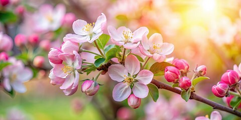 Close up of pink apple blossoms on an apple tree in bloom creating a soft floral bokeh background, outdoors, spring, blooming