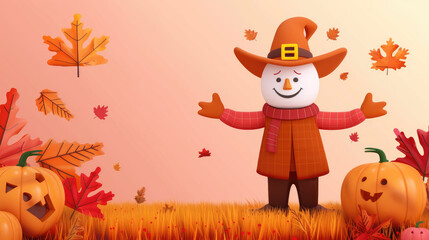 Fototapeta premium Scarecrow in autumn pumpkin field, flat design with vibrant colors