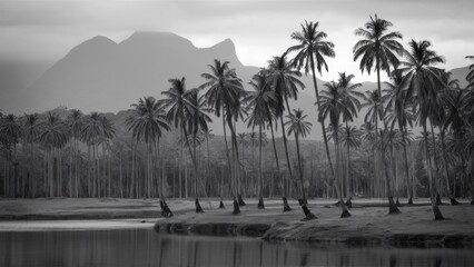 A black and white photo of a group of palm trees near water, AI