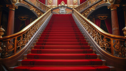 : Ornate grand staircase with red carpet and golden railings in a luxurious interior.
