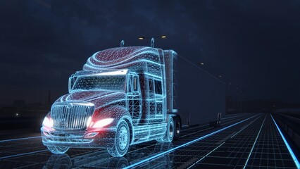 Red american container truck driving on a highway with dark sky. Autonomous Truck with Cargo Trailer Drives at Night on the Road with Sensors Scanning Special Effects of Self Driving Truck. 3d render
