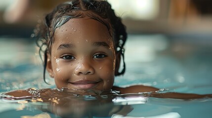 A healthy child enjoying a swimming lesson, learning new skills and having fun in the water
