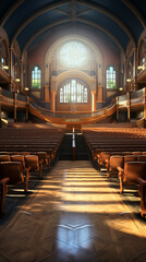 Fototapeta premium An empty spacious school auditorium with rows of wooden seats.