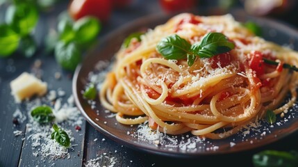 Fototapeta premium Close-up of a plate of Italian pasta with spices, spicy herbs and tomato sauce and parmesan on a dark kitchen background, perfect for a healthy food recipe website or cooking school website