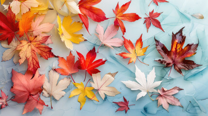 Obraz premium Serene pond with vibrant maple leaves in watercolor style, autumn hues.