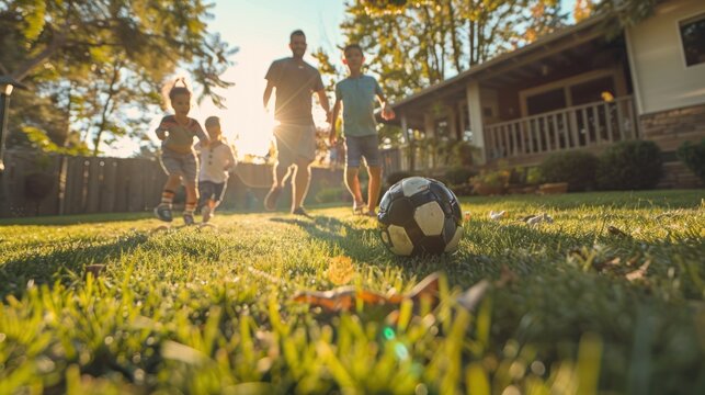 A family playing soccer in the backyard, parents and children bonding over a fun game - Powered by Adobe