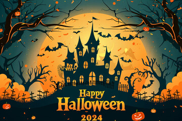 A dark, haunted castle with a "Happy Halloween 2024" sign, surrounded by trees, bats, and a large full moon in the background