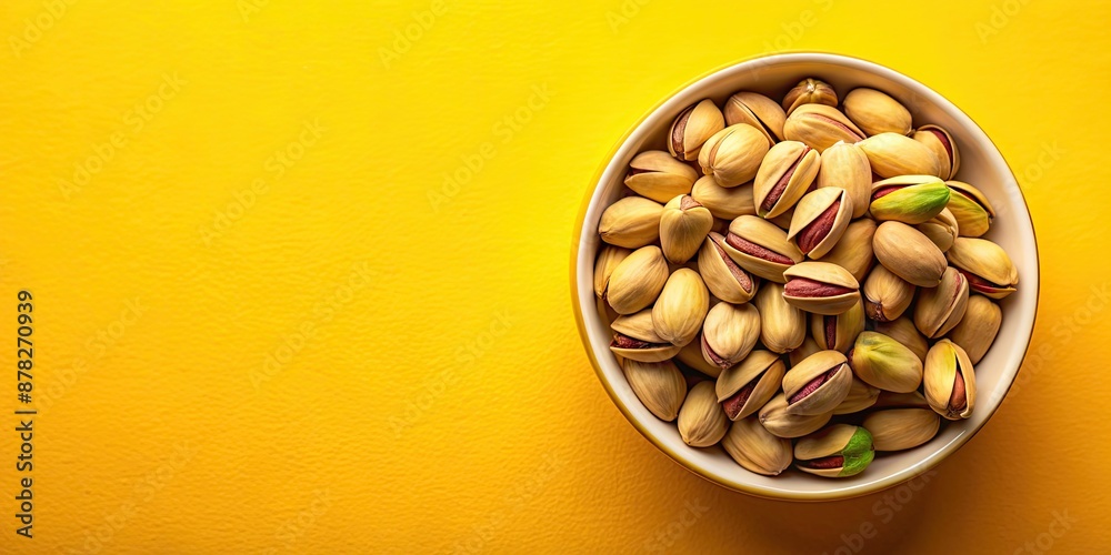 Canvas Prints Raw pistachio power in a bowl over yellow background, pistachios, nuts, green, snack, healthy, food, ingredient, natural