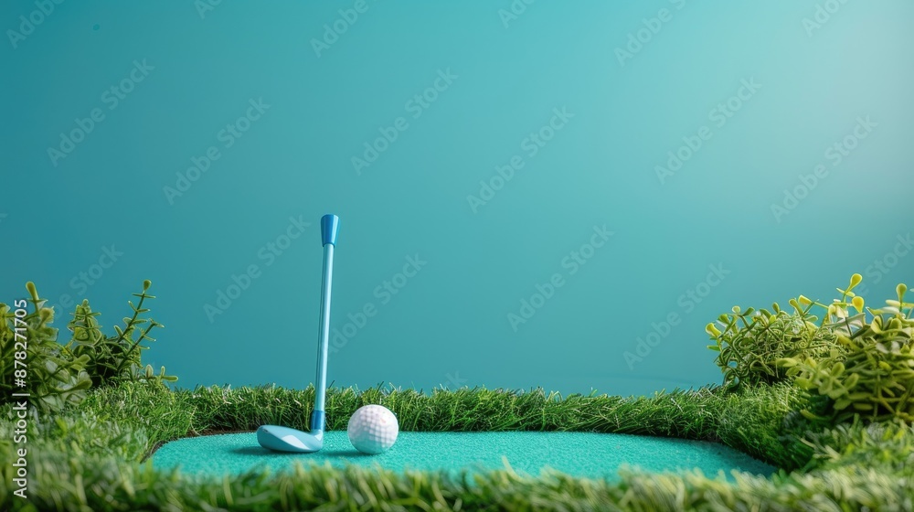 Poster Blue Golf Club and White Ball near Mini Golf Hole on Field with Empty Space