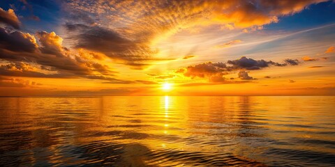 Sunset casting a golden glow over the calm sea , sunset, sea, ocean, horizon, sky, clouds, dusk, evening, reflection, water