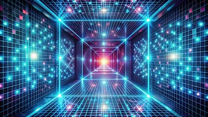 Obraz premium Abstract grid tunnel with illuminated lights and geometric patterns, tunnel, grid, abstract, illuminated, lights