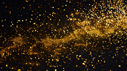 Abstract of Gold glitter particles magic bright sparks in wave motion ,Close-up macro shot of a Golden Spreading Glitter, Sprinkle glitter gold dust textured abstract background elegant
