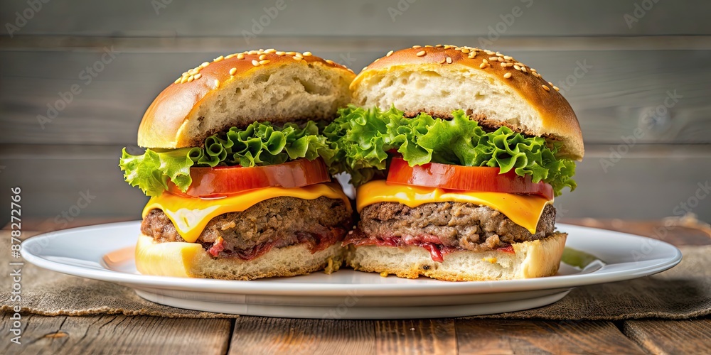 Poster Cheeseburger cut in half on a plate, cheeseburger, cut, half, plate, food, burger, meal, tasty, delicious, fast food, beef, lettuce