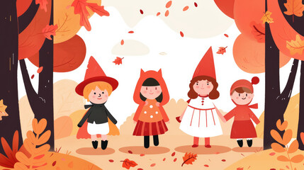Fototapeta premium Children in costumes walking on autumn forest path, flat design concept.