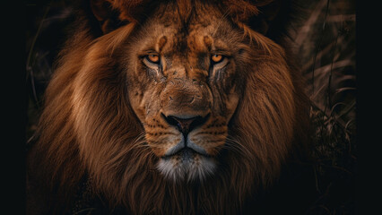 Fototapeta premium The Majesty of the Savannah: A Regal Lion Poses Amidst the Golden African Grasslands at Sunset