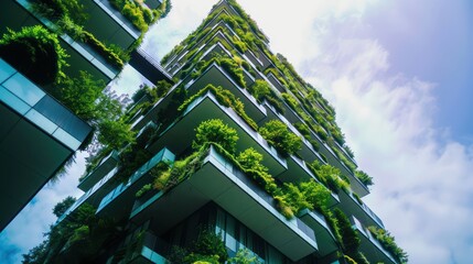 Green building with plants growing on the facade. Ecology and green living in city