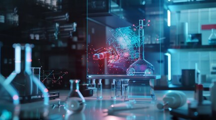 futuristic laboratory setting with a large holographic display projecting a 3D model of a complex algorithm or neural network