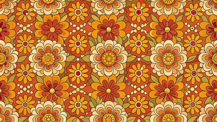 Seamless retro pattern with abstract floral ornaments in 70s style, nostalgia, vintage, trendy, background, wallpaper, groovy