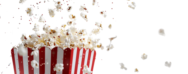 A cup of popcorn with red and white striped, flying out from a paper bag isolated on a white background