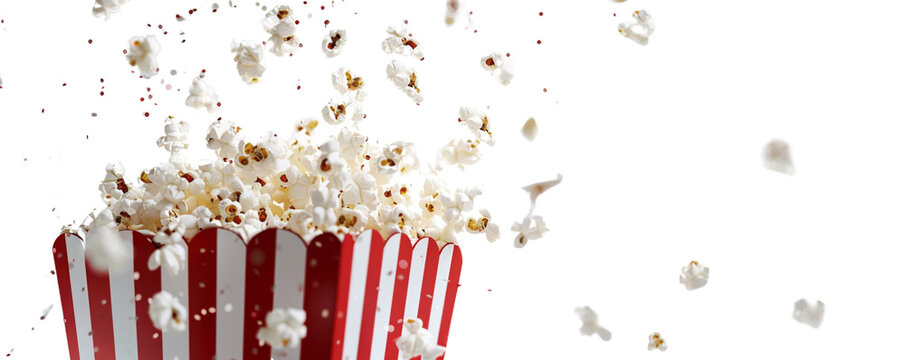 A cup of popcorn with red and white striped, flying out from a paper bag isolated on a white background