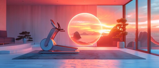 Highperformance elliptical machine with holographic screens, in a zenlike yoga studio, Futuristic, 3D, Natural light, Integrating fitness and mindfulness