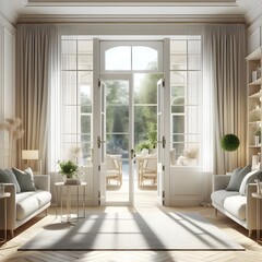 Fototapeta premium Bright and Airy Modern Living Room with Open French Doors and Garden View