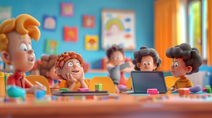 Fototapeta premium Students using educational apps on tablets, colorful classroom setting, and a focus on interactive learning methods