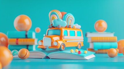 Welcome to a New Year of Learning banner featuring a school bus, books, and a green background, Education, Digital, Bright and lively, Positive and exciting