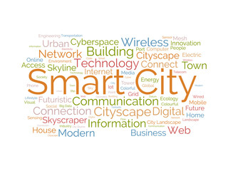 Smart City wordcloud template. Cityscape technology concept vector background.