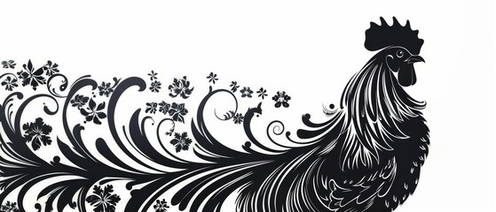 Black and white silhouette of a rooster with ornate floral details.