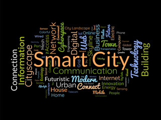 Smart City wordcloud template. Cityscape technology concept vector background.