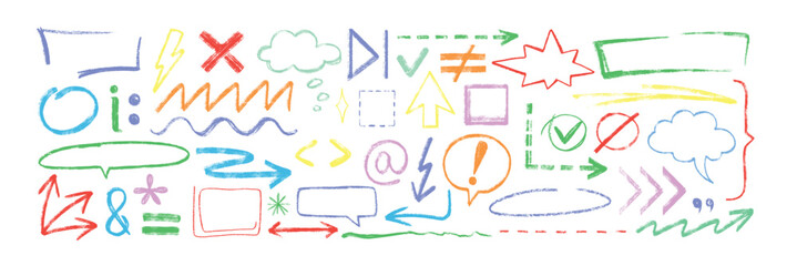 Hand drawn crayon texture emphasis, text highlight. Chalk pencil arrow, speech bubble, underline, stroke, braces, mathematical or punctuation marks. Charcoal checkmarks, message boxes and dotted lines