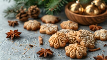 Christmas cookies shaped like walnuts with condensed milk filling on a gray table with space for text Traditional Russian dessert oreshki Vertical shot