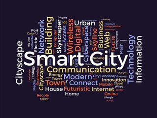 Smart City wordcloud template. Cityscape technology concept vector background.