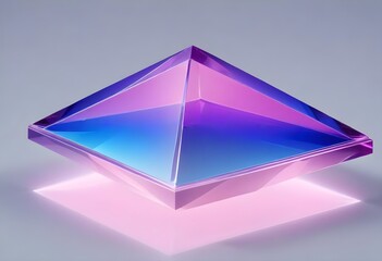A large, transparent purple pyramid-shaped object with a blue and pink gradient effect, floating against a light gray background