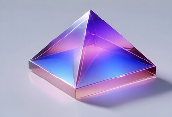 A large, transparent purple pyramid-shaped object with a blue and pink gradient effect, floating against a light gray background