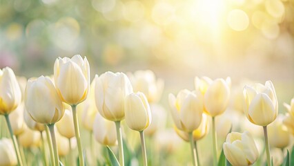 beautiful tulips in sunshine, floral art concept in springtime with copy space on blurred background