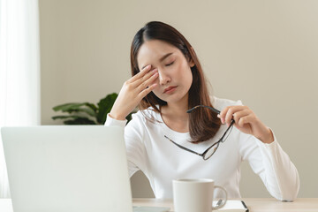 Eye problem concept, fatigue asian young woman tired eyes, irritated rubbing eye dry relief vision...