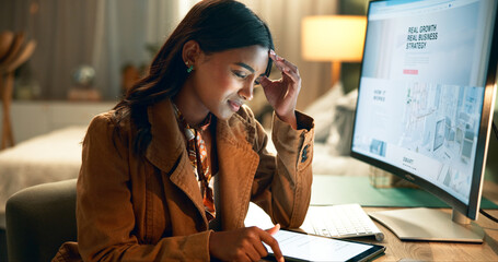 Headache, woman and computer for online work, eye strain and overworked for project deadline....
