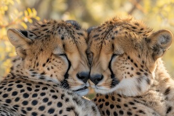 Fototapeta premium Two cheetahs cuddling with their heads together.
