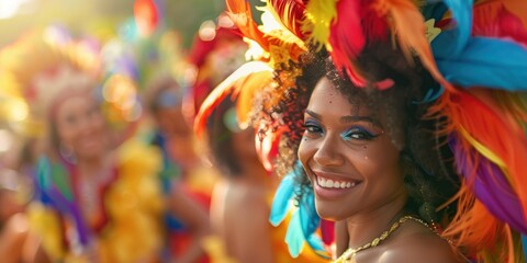 Woman in carnival costume with colorful feathers, Beautiful woman in colorful costume for carnival